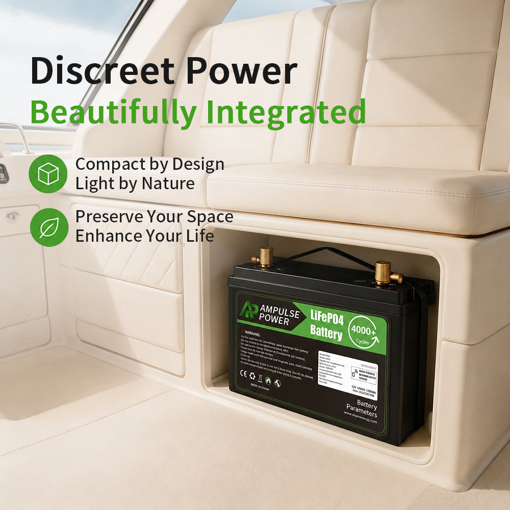 Discreet and compact lithium marine battery beautifully integrated under seating to preserve space and enhance off-grid life.