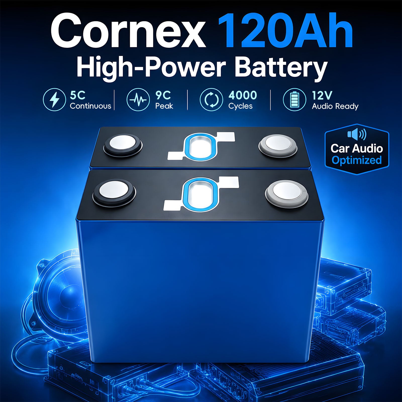Cornex 120Ah 3.2V High Power LiFePO4 Battery Cell 5C Continuous 9C Peak For Car Audio Bass Amplifier System Grade A