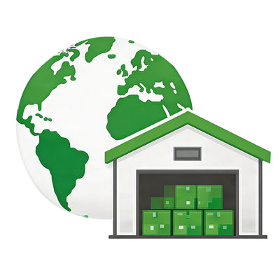 Globe and warehouse icon representing Ampulse Power's local EU stock, fast shipping, and responsive after-sales service.