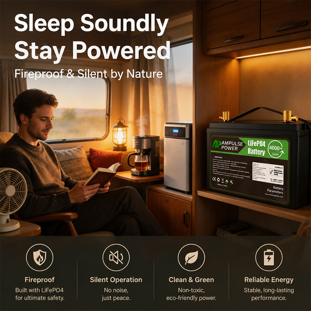 Fireproof and silent LiFePO4 battery providing safe indoor power for a relaxing RV lifestyle with a cup of coffee.