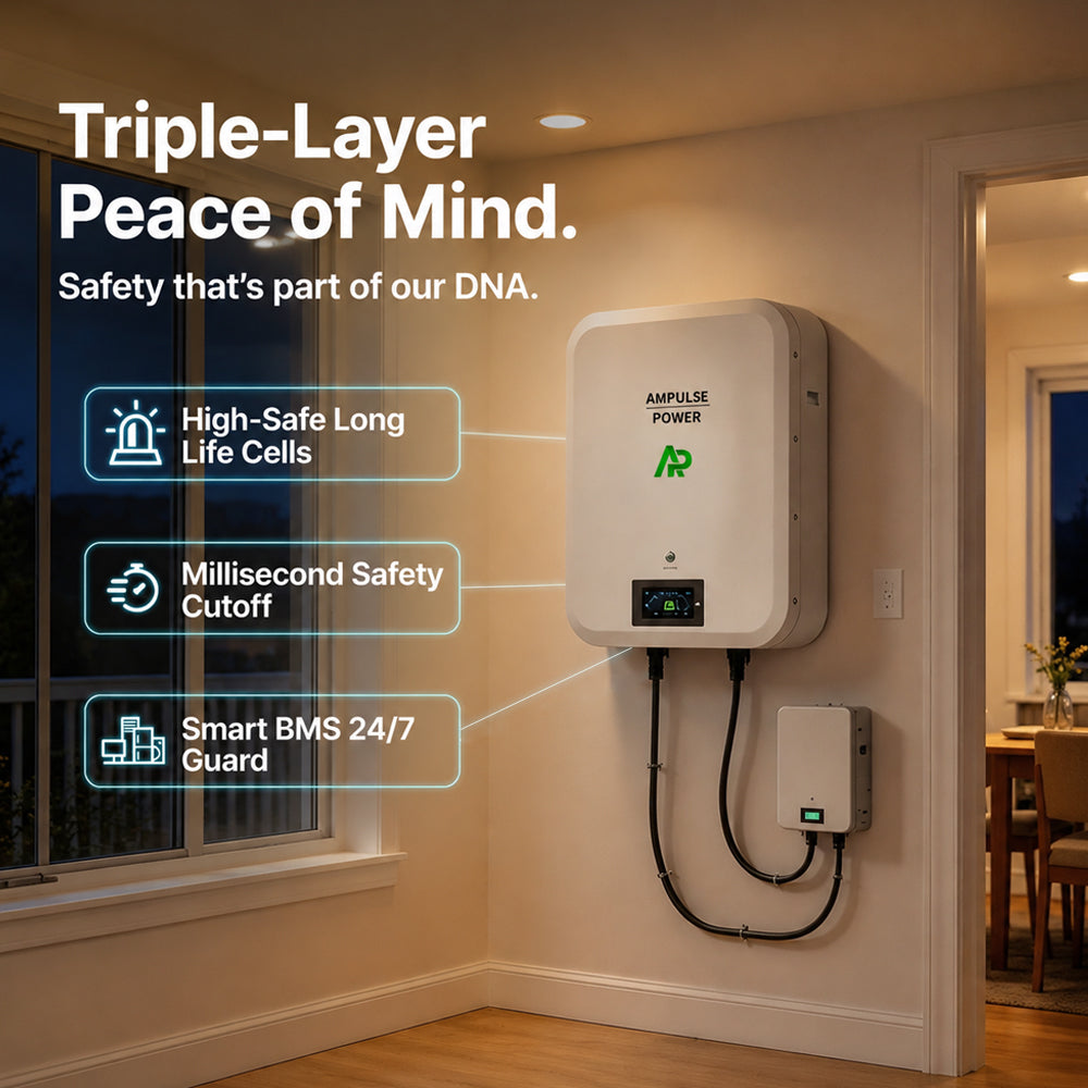 Triple-layer safety features of Ampulse Power home battery, highlighting high-safe cells, millisecond safety cutoff, and 24/7 smart BMS guard.