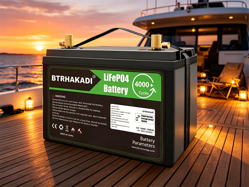Close-up of Ampulse LiFePO4 battery for marine and RV use, featuring 4000+ deep cycles and robust waterproof design