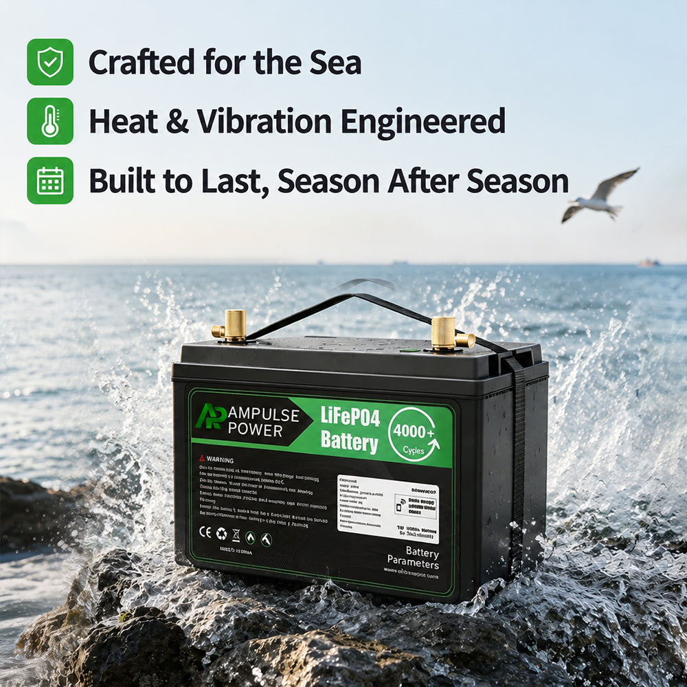 Marine LiFePO4 battery engineered for the sea, featuring advanced heat and vibration resistance for season-after-season durability.