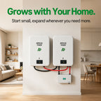 Scalable modular home battery system by Ampulse Power, showing two units mounted on a wall to expand energy storage capacity.
