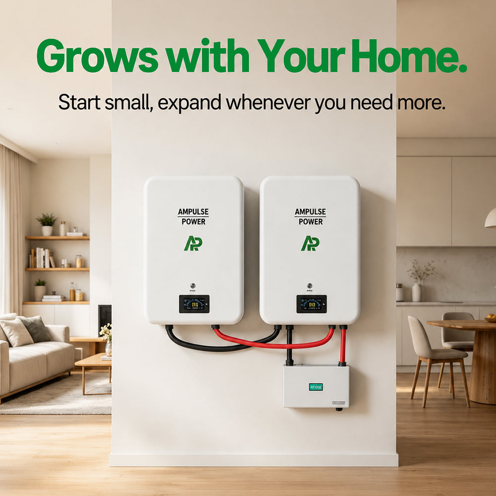 Scalable modular home battery system by Ampulse Power, showing two units mounted on a wall to expand energy storage capacity.