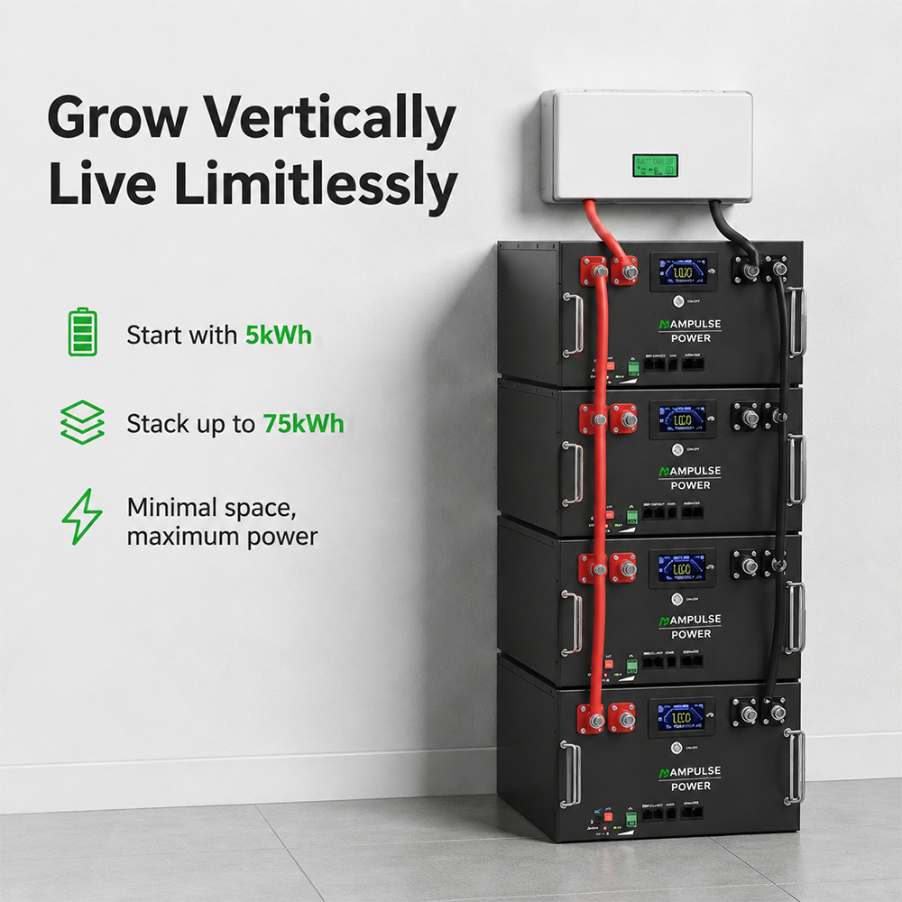 Ampulse modular battery system demonstrating vertical growth capability, stacking from 5kWh to 75kWh to save space.