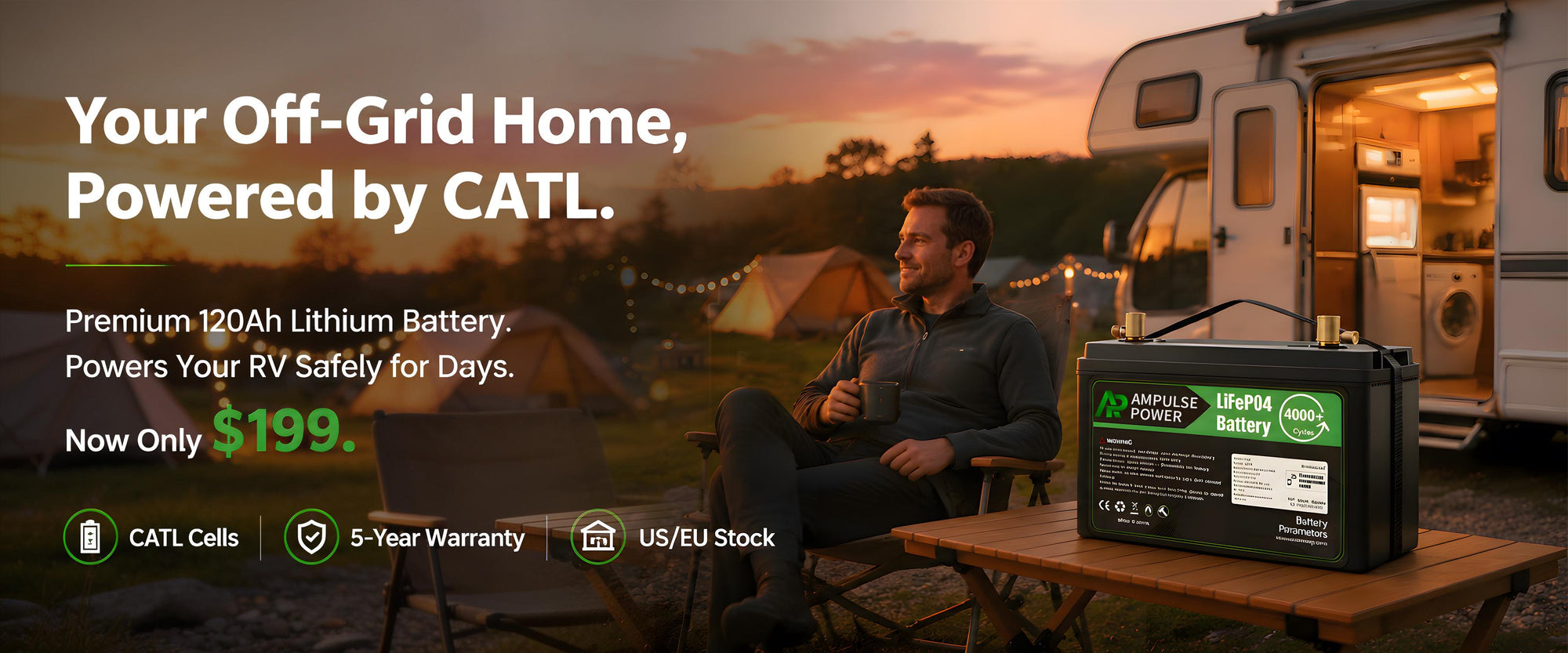 Premium 120Ah LiFePO4 RV battery powered by CATL cells. Only $199 with 5-year warranty and fast US/EU local shipping for off-grid camper van life.