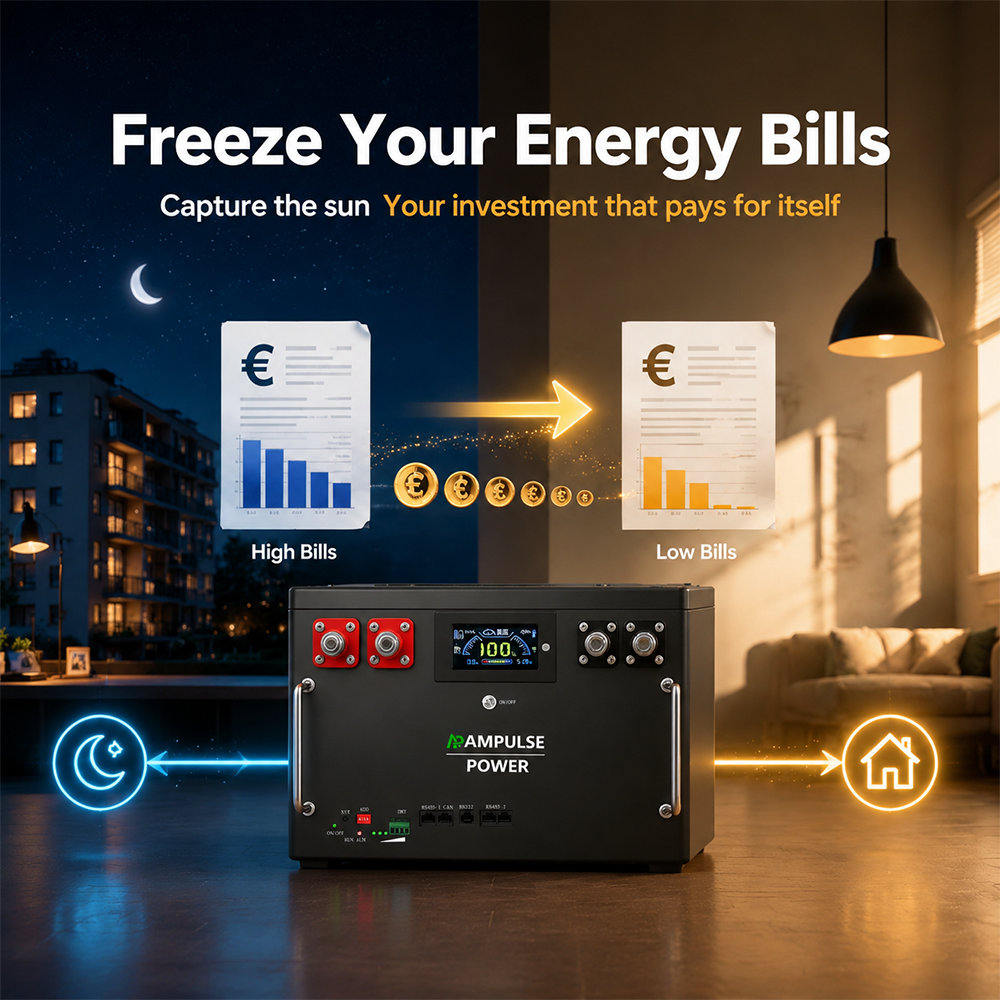 Infographic showing how Ampulse energy storage captures solar power to freeze energy bills, comparing high vs low costs.