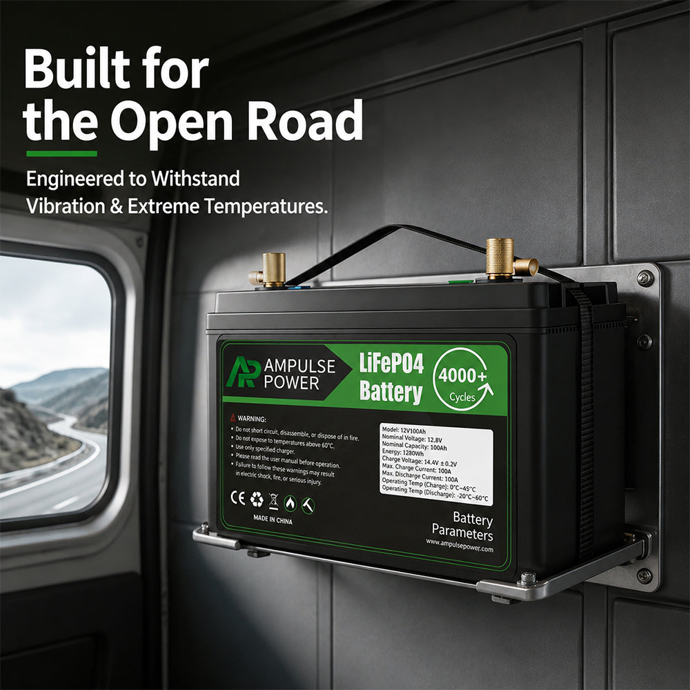 Rugged LiFePO4 RV battery engineered to withstand road vibration and extreme temperatures for long-distance travel.
