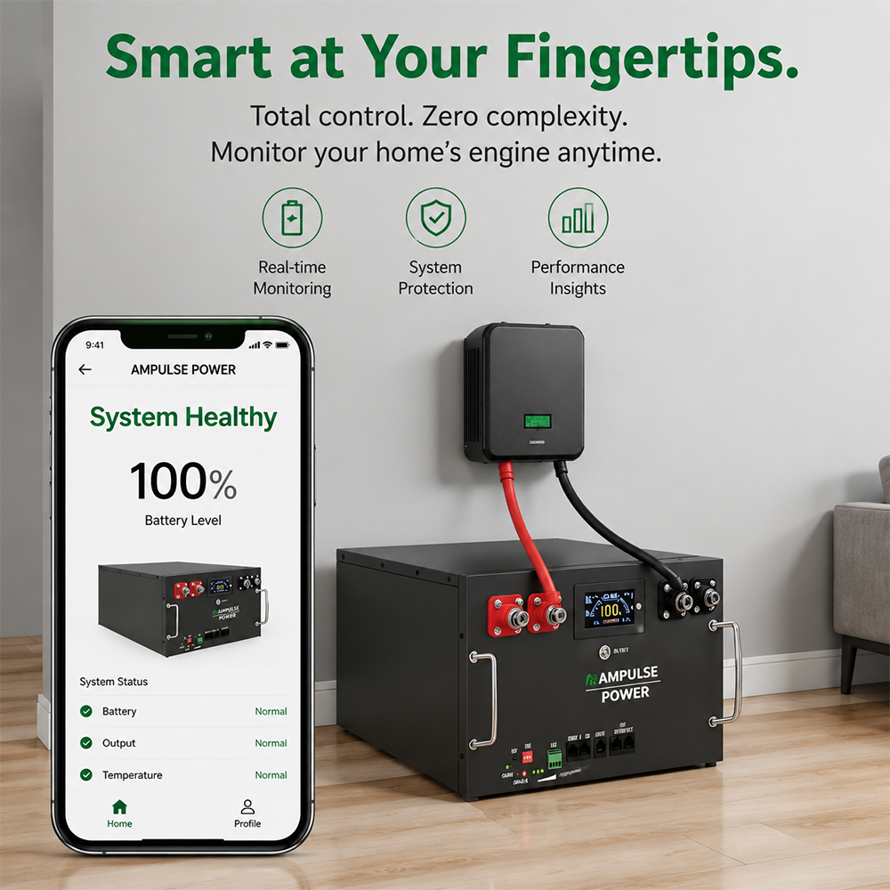 Smartphone displaying the Ampulse app interface monitoring system health and battery level of the home energy storage unit.