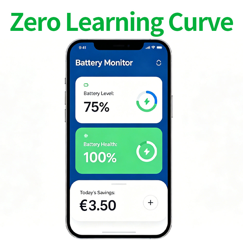User-friendly Ampule Power mobile app interface showing battery level, health status, and daily savings with zero learning curve.