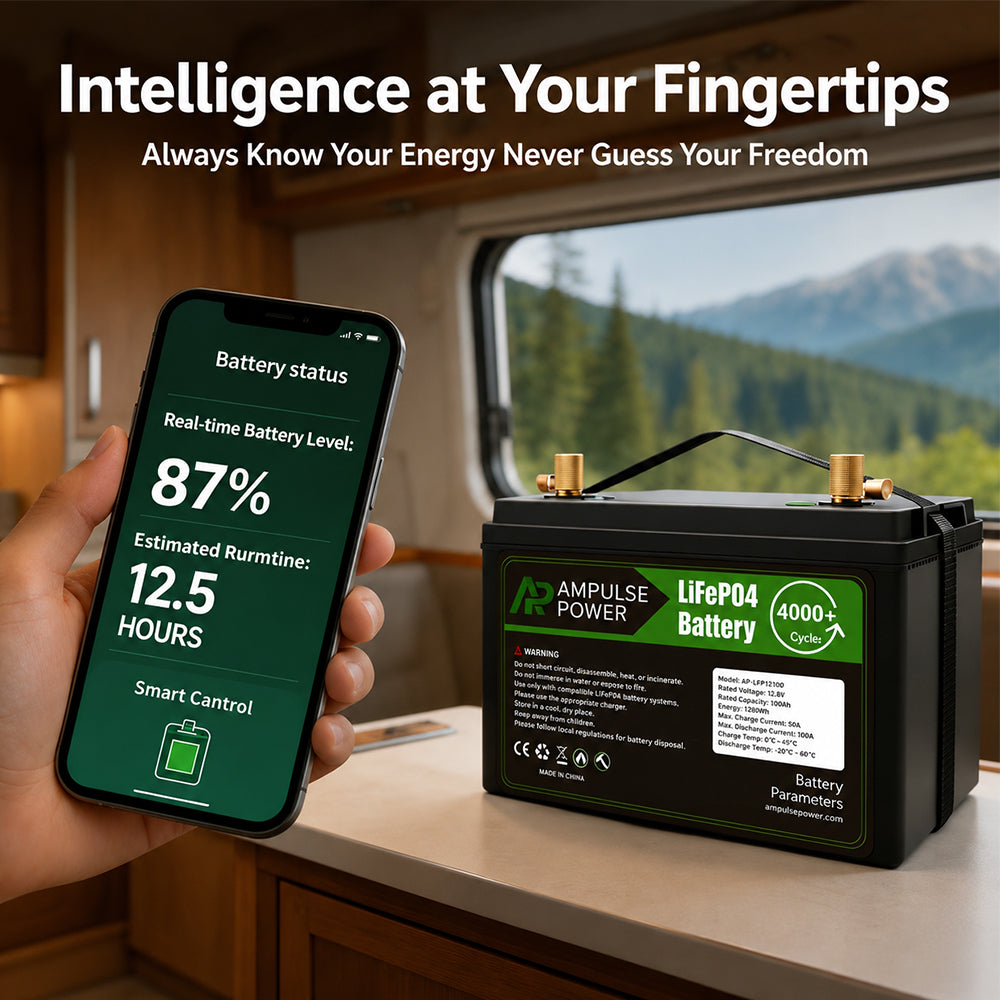 Smart RV battery monitoring via mobile app, showing real-time battery level and estimated runtime for easy energy management.