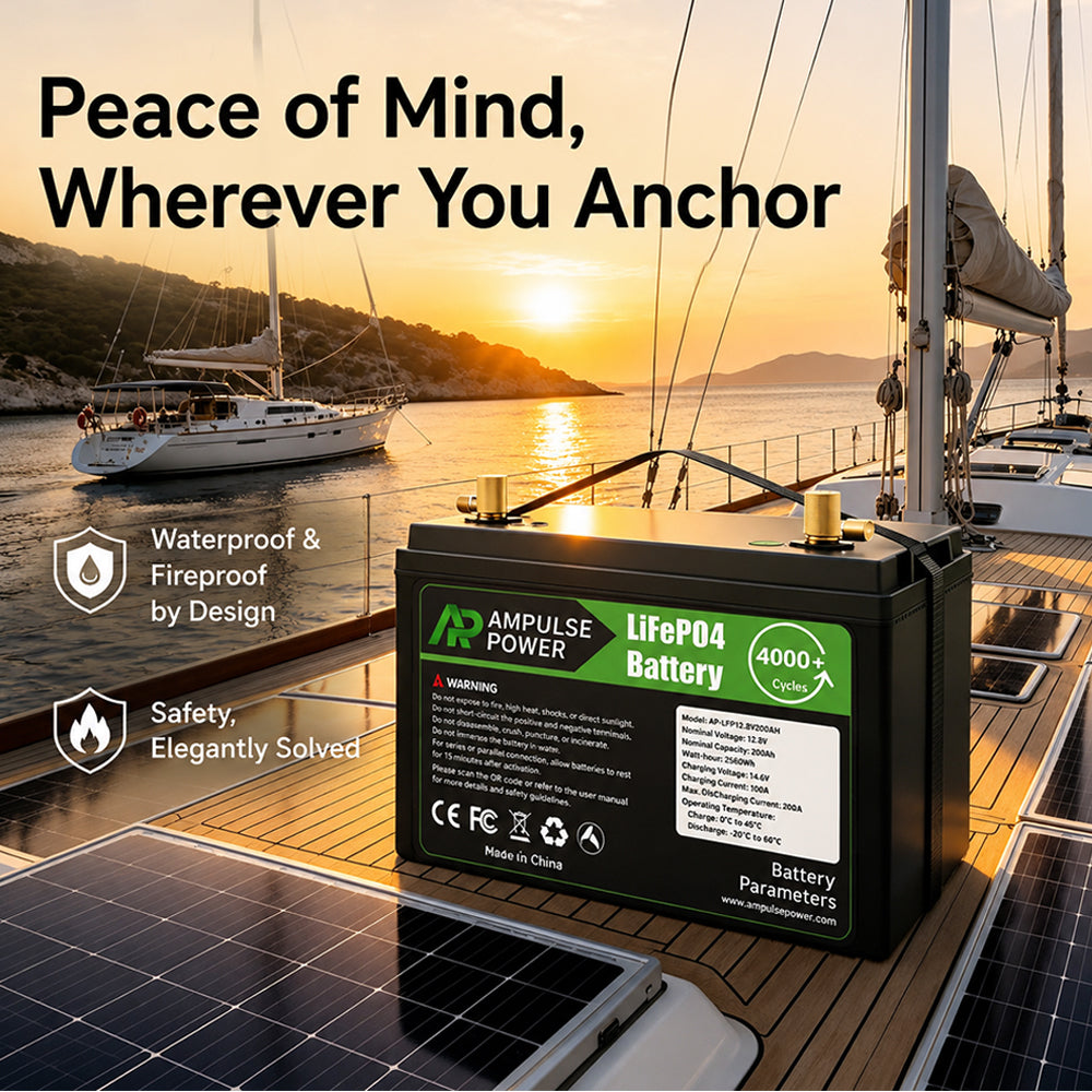 Waterproof and fireproof marine lithium battery providing peace of mind wherever you anchor with elegantly solved safety features.